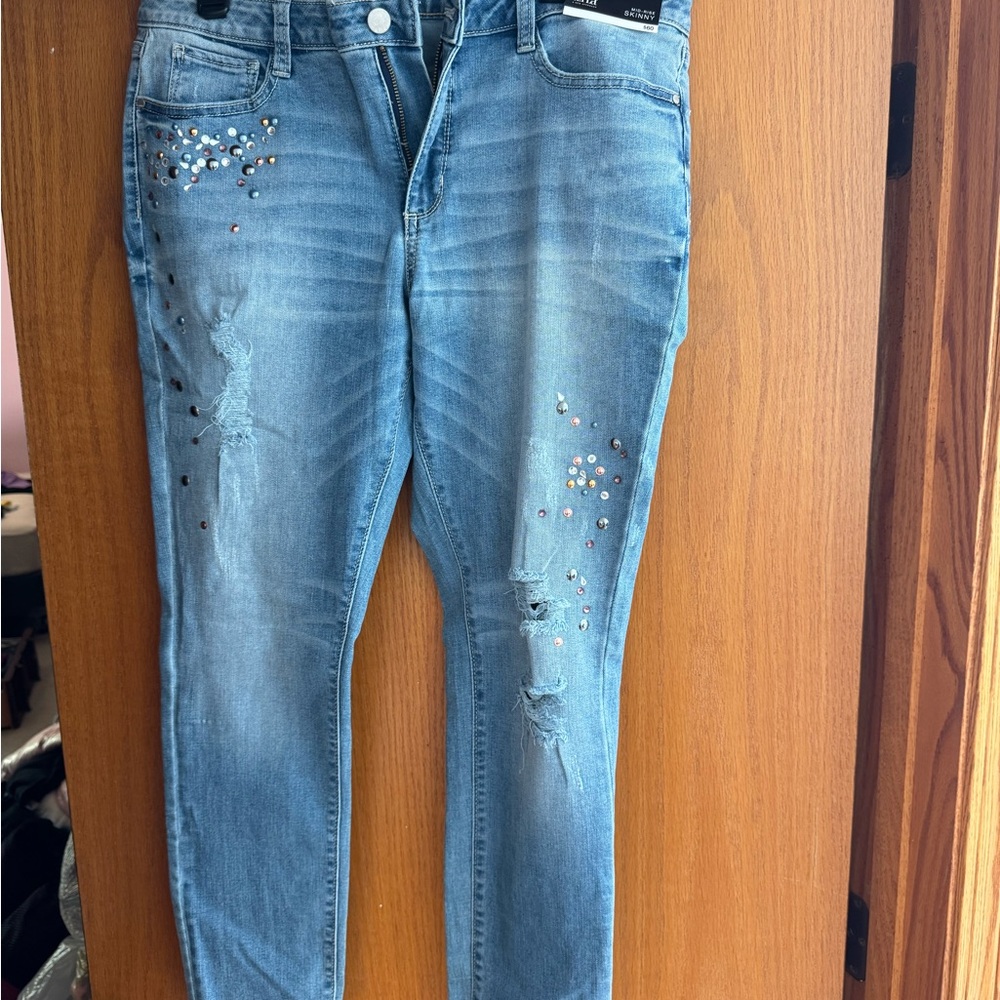 a.n.a Women's Distressed Blue Skinny Jeans with Rhinestones new with tags